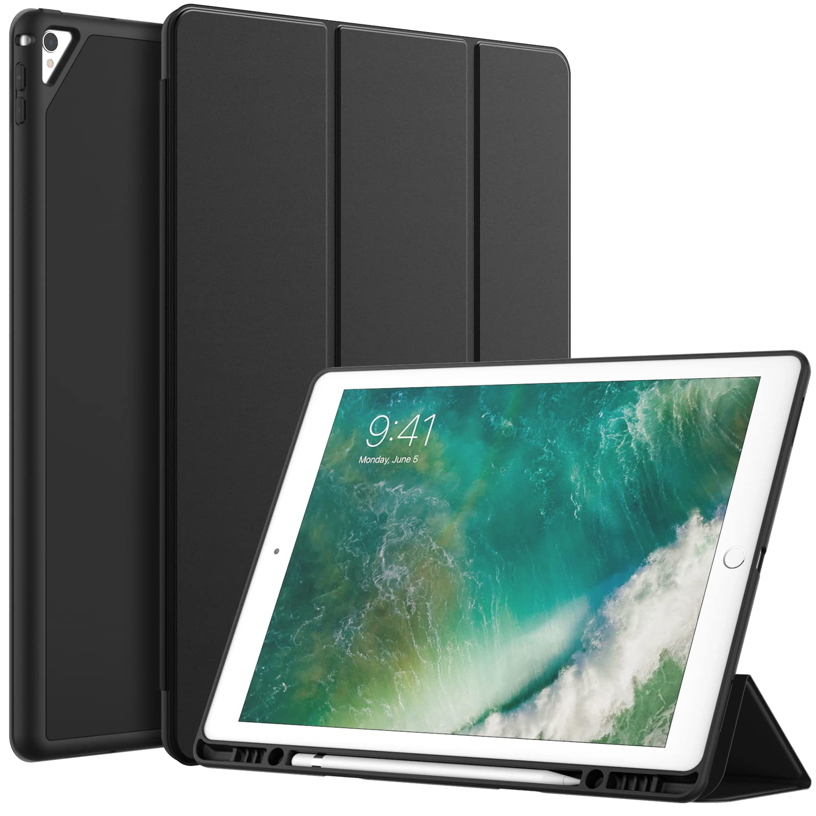 Photo 1 of JETech Case for iPad Pro 12.9 Inch (2015/2017 Model, 1st/2nd Generation) with Pencil Holder, Slim Tablet Cover with Soft TPU Back, Auto Wake/Sleep (Black)