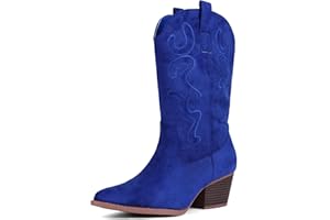 Bandkos Cowboy Boots for Women Cowgirl Mid Calf Western Embroidered Boot Low Chunky Block Heel Fashion Boots