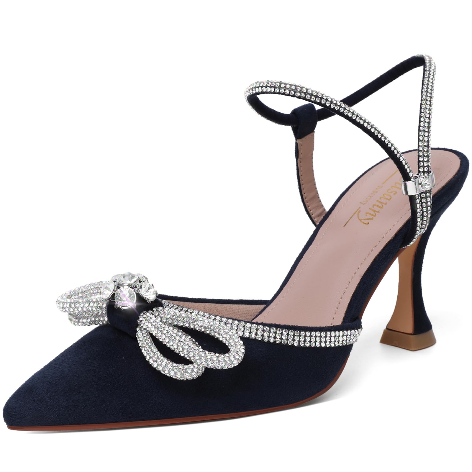 Photo 1 of Susanny Women's Navy Blue Bow Heels Wedding Sparkly Closed Toe Shoes Strappy Dressy High Heels Sexy Rhinestone Ankle Strap Pumps Bridal Party Dress Shoes 8.5