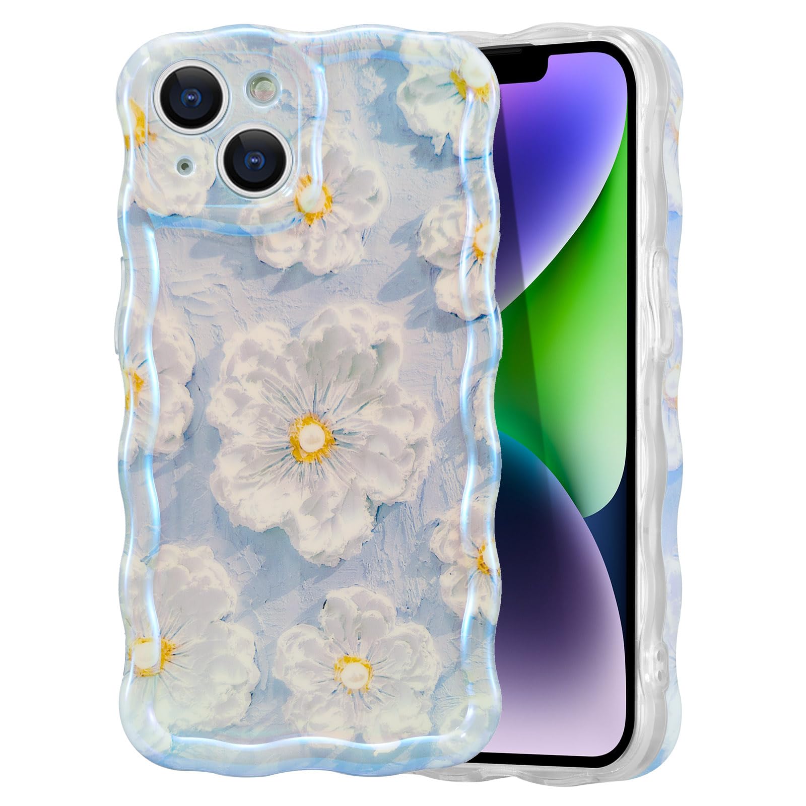 EYZUTAK Case for iPhone 13, Colorful Retro Oil Painting Flower Laser Glossy Pattern Cute Curly Wave Border Exquisite Phone Cover Stylish Durable TPU Protective Case for Girls Women - Light Blue