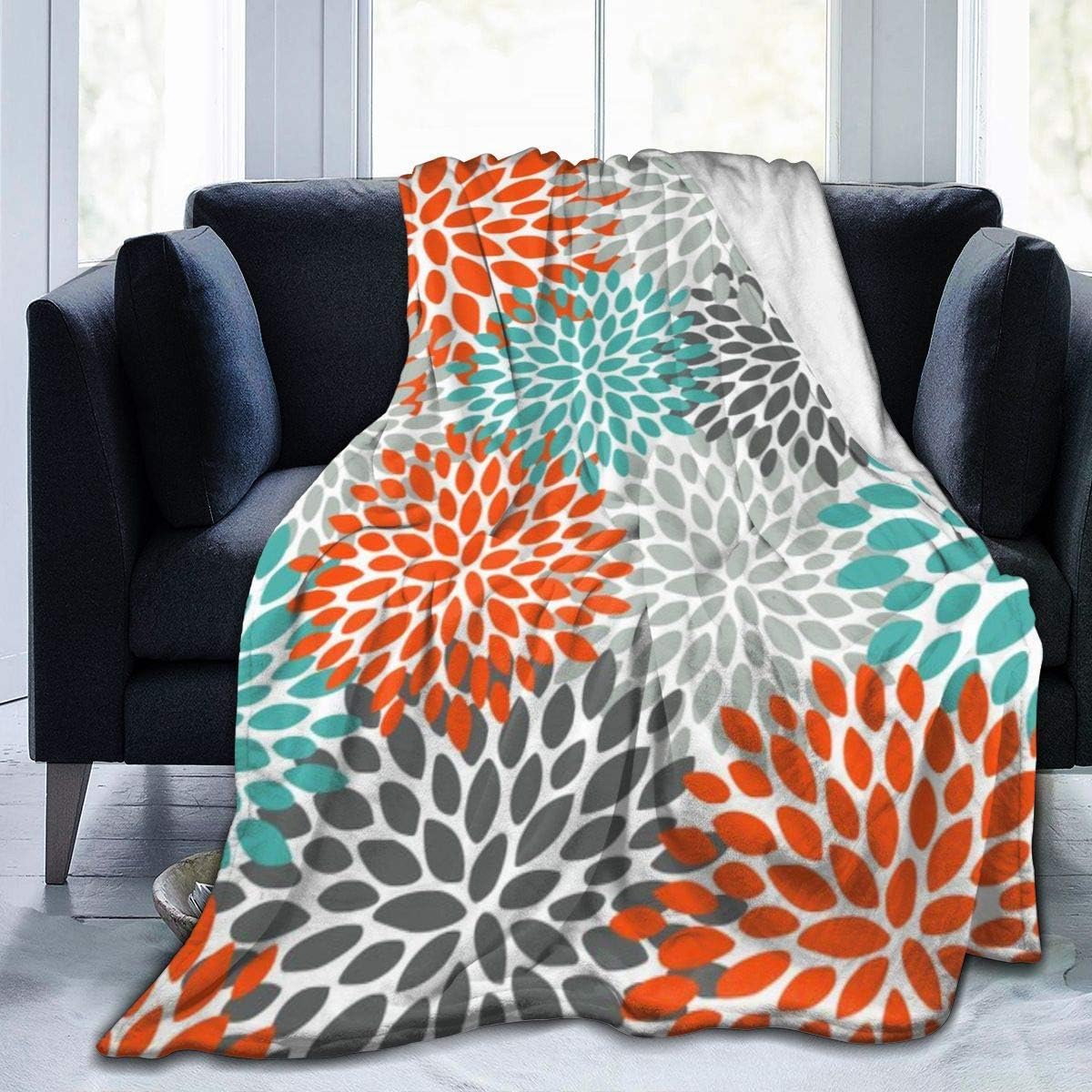 Floral Pattern Abstract Orange Teal And Gray Throw Blanket Soft Flannel