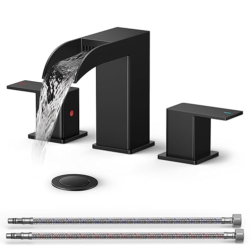 QFN Black Bathroom Sink Faucet 3 Hole, 8 Inch Widespread Waterfall Square Bathroom Faucets with Metal Pop-up Drain and Cupc Hose Two Handle for Vanity, Lavatory Sink