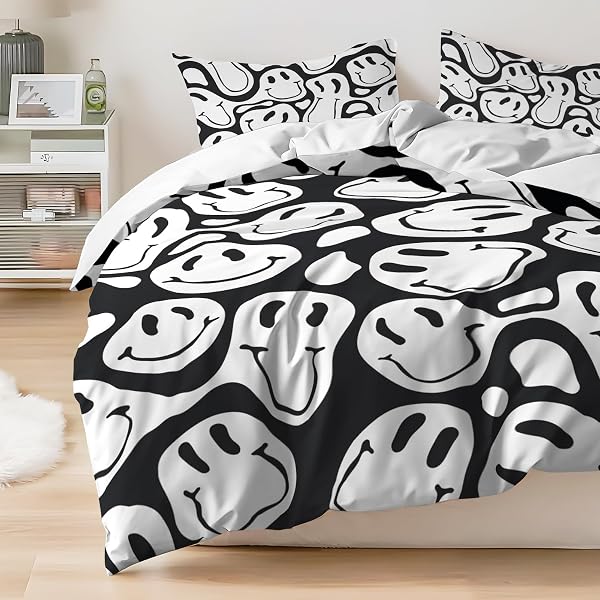 WATBRO KID’S DUVET COVER KING SIZE, RETRO HIPPIE BEDDDING SET, 3PCS SOFT MICROFIBER BEDDING SET WITH ZIPPER CLOSURE&CORNER TIES, GIRL BEDDING WITH PILLOWCASE – BLACK AND WHITE, KING