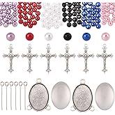 SUNNYCLUE 778Pcs DIY 6 Sets Rosary Making Kits Rosary Crosses Cross Charms Cabochon Bezel Setting with Glass Cabochons Imitation Pearl Beads Crucifix Charms for Women Men Memorial Gifts Supplies