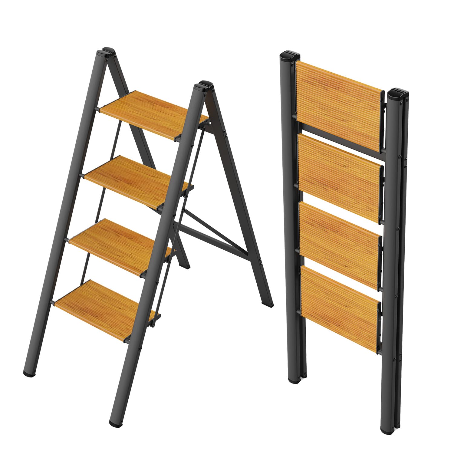 Photo 1 of WOA WOA 4 Step Stool, Step Ladder 4 Step Folding, Compact Aluminum Step Ladder, Lightweight Ladders for Home and Kitchen, Fold Thin to Store, Anti-Slip Feet, Capacity 300 lbs - Black&Wood Grain