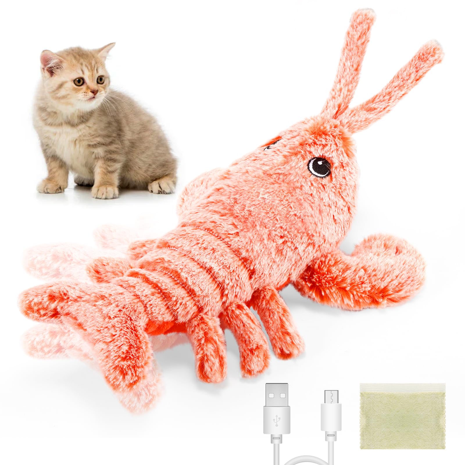 Kinberry Flopping Lobster Toy for Cats & Small Dogs - Soft Chew & Kicker Toy, Motion Activated Moving Cat Toys with 2 Catnip Packets – USB-Chargeable, Washable, Low-Noise Nip Gift, 12.6inch