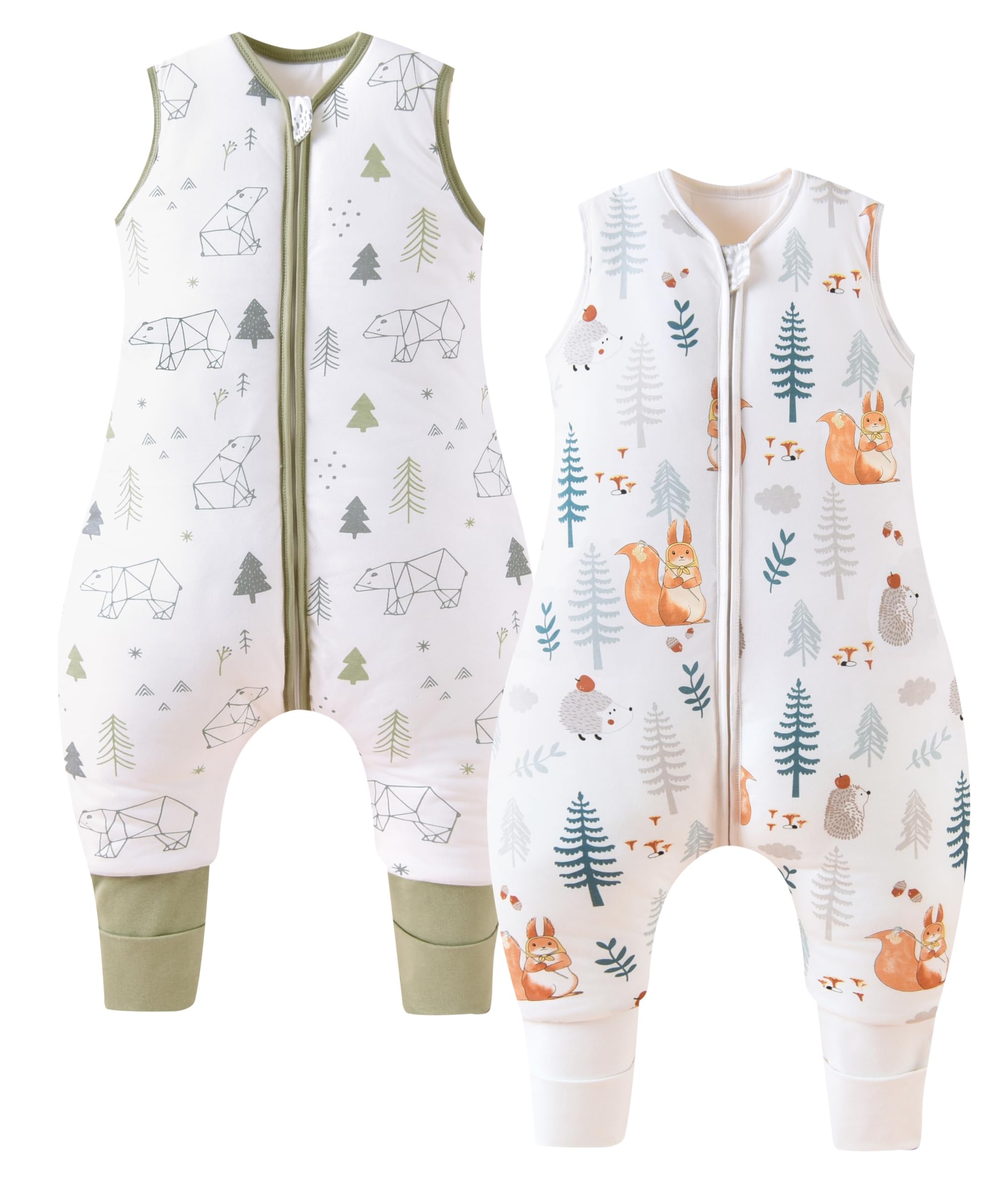 Chilsuessy 2pcs Winter Baby Sleeping Bag with Feet 2.5 TOG Baby Sleep Sack with Legs 100% Cotton Toddler Wearable Blanket Walker Sleep Sack for Boys Girls, Squirrel+Forest Bear, 90cm/3-4 Years