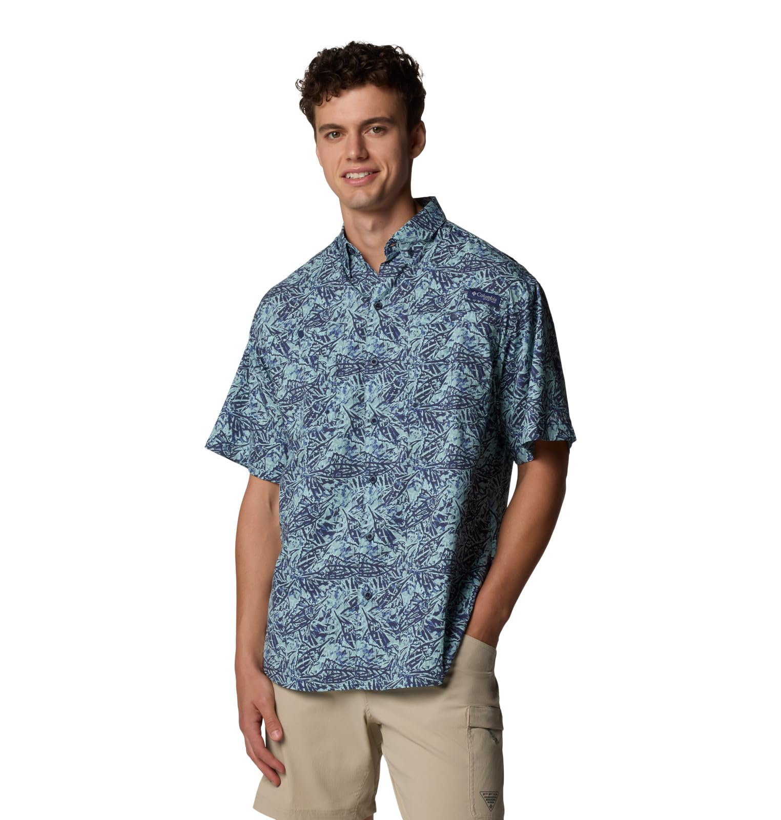 Columbia Men’s PFG Super Tamiami Short Sleeve Fishing Shirt, Crushed Blue Marlin Palms, Small