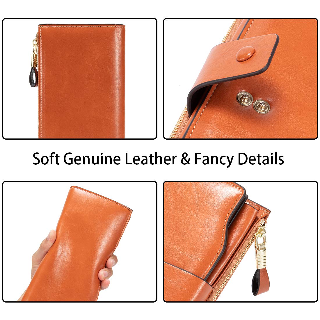 Women\'s Wallet, RFID Blocking Large Capacity Clutch Purse, Genuine Leather Card Holder, Brown