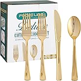 FOCUSLINE 160 Pack Gold Plastic Silverware Set, including 80 Gold Forks, 40 Knives, 40 Spoons, Disposable Flatware Heavy Duty Plastic Cutlery Set for Weddings, Catering, Parties, Dinners