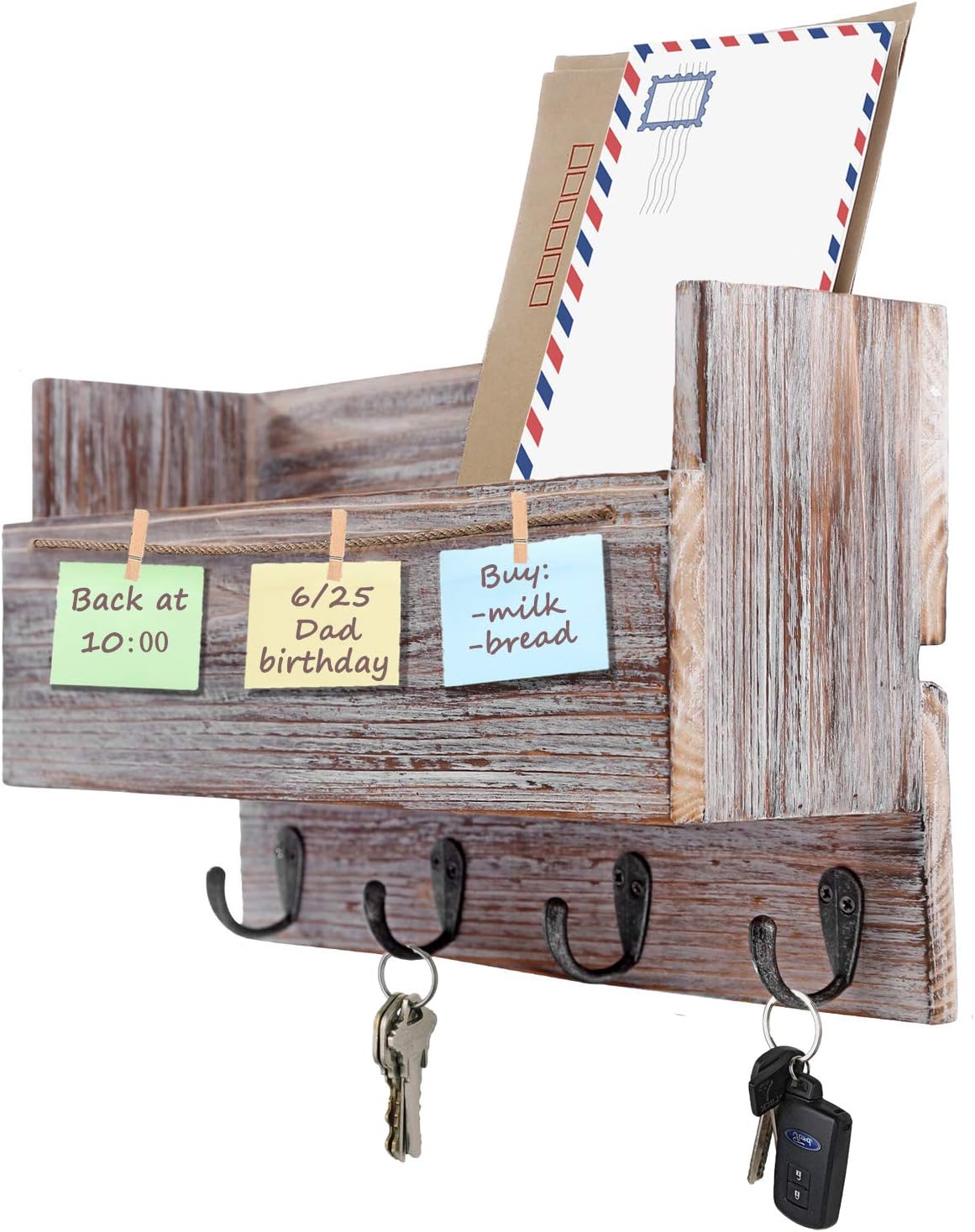 Halcent Entryway Organizer Wood Mail Holder Sorter with 4 Key Hook Holder, Wall Mail Organizer Hanging Letter Holder for Entryway Hallway Office Kitchen Mudroom