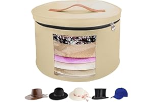 VanlonPro Large Hat Storage Box for Women & Men, 16" D x 10" H Hat Box Organizer，Foldable Round Travel Hat Boxes with Dustproof Lid, Stuffed Toy Storage Bin Bag (Milk Coffee)