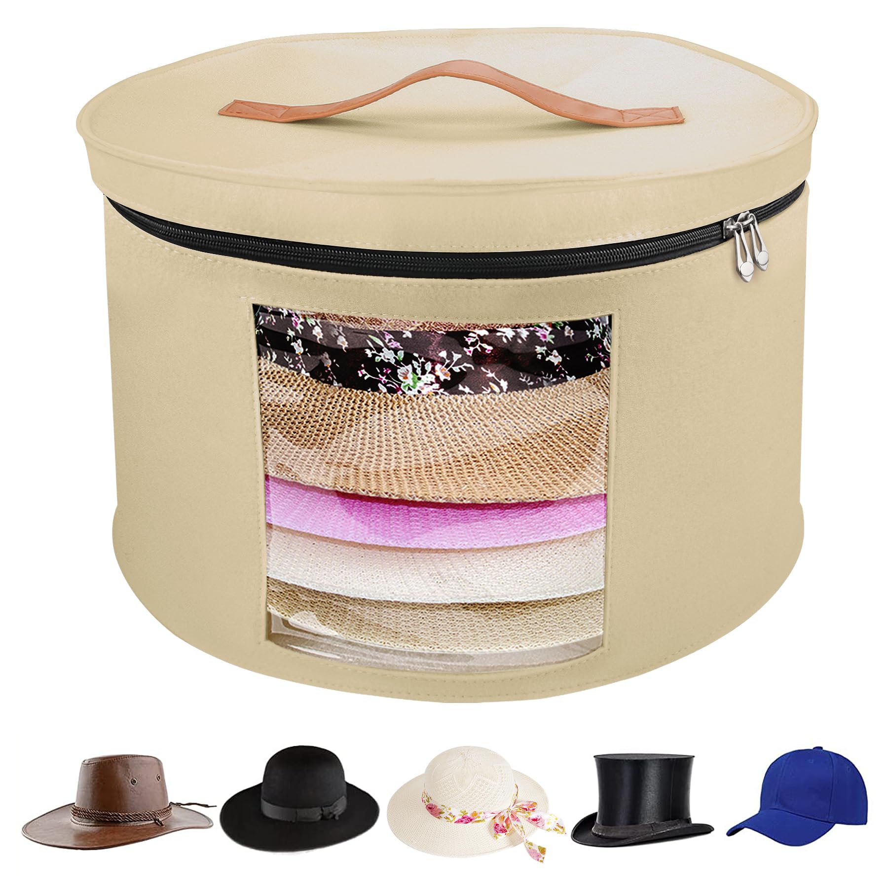 Photo 1 of VanlonPro Large Hat Storage Box for Women & Men, 16" D x 10" H Hat Box Organizer?Foldable Round Travel Hat Boxes with Dustproof Lid, Stuffed Toy Storage Bin Bag (Milk Coffee)