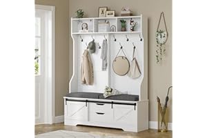 UPOSOJA Hall Tree with Bench and Shoe Storage, Entryway Bench with Coat Rack, Modern Farm House Barn Door 3-in-1 Hall Tree with Storage Cushioned Stool and Hooks for Hallway, Living Room (60IN)