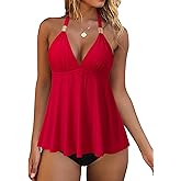 RXRXCOCO Women Halter Tankini Swimsuits Tummy Control Swimsuit Flowy V Neck Bathing Suits