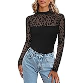 Zeagoo Long Sleeve Shirts for Women's Lace Tops Mesh Sheer Crew Neck Shirts Sexy Fall Going Out Blouse