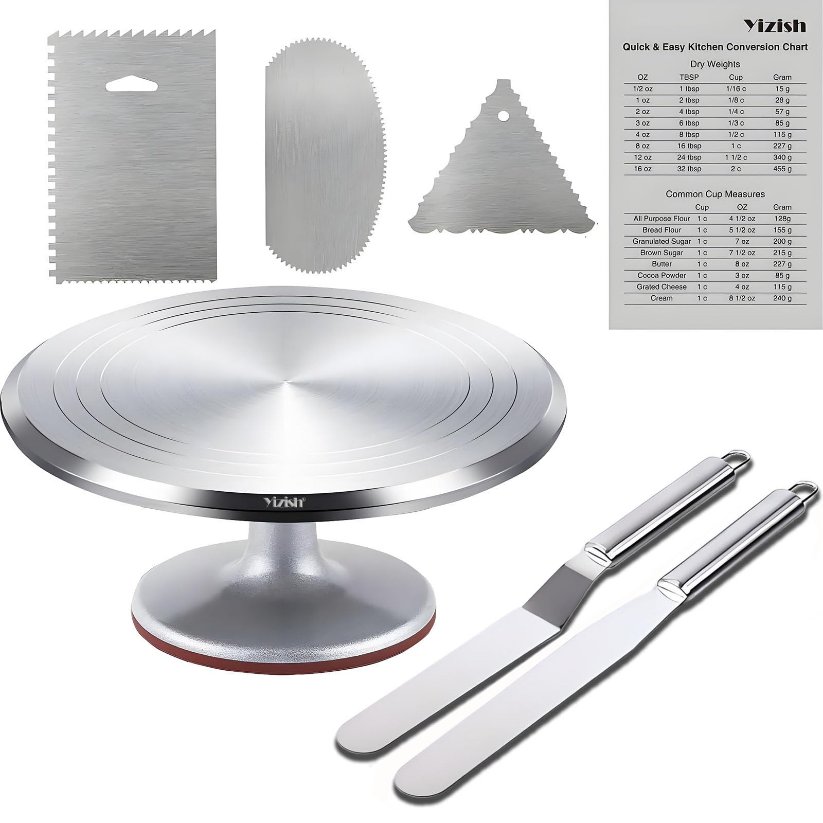 Yizish Cake Turntable Aluminum Alloy, 12 Inch Rotating Cake Stand Decorating Kits with Stainless Steel Icing Spatula (2pcs) and Icing Smoother (3pcs) for Baking, Pastries and Cupcakes, Gift Set