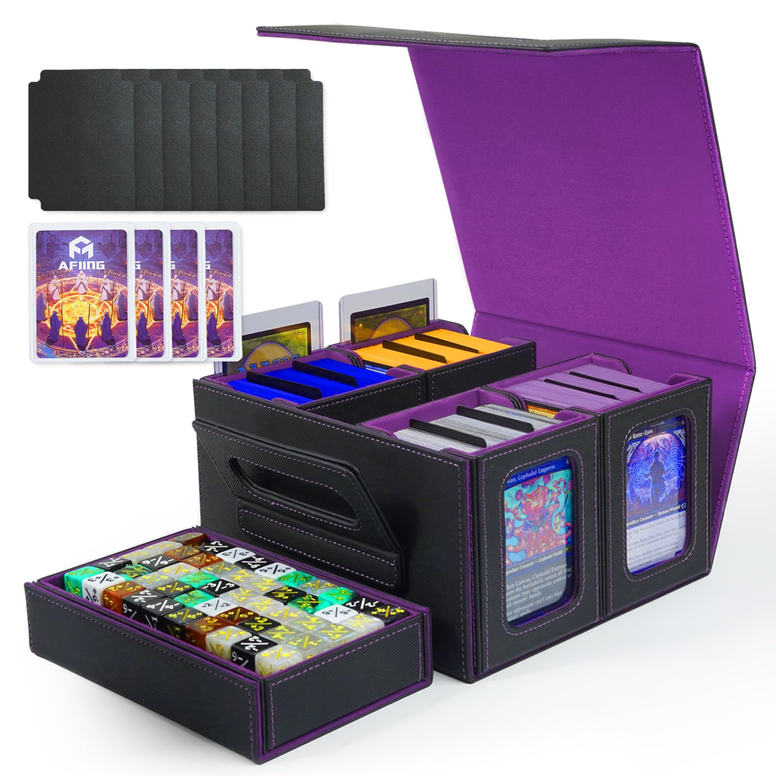 AFIING Caja de almacenamiento para mazo de MTG con exhibición de comandante - Se adapta a 200 cartas con funda doble, estuche para cartas de cubierta de 3 en 1, organizador de cartas con imán fuerte - imagen 9
