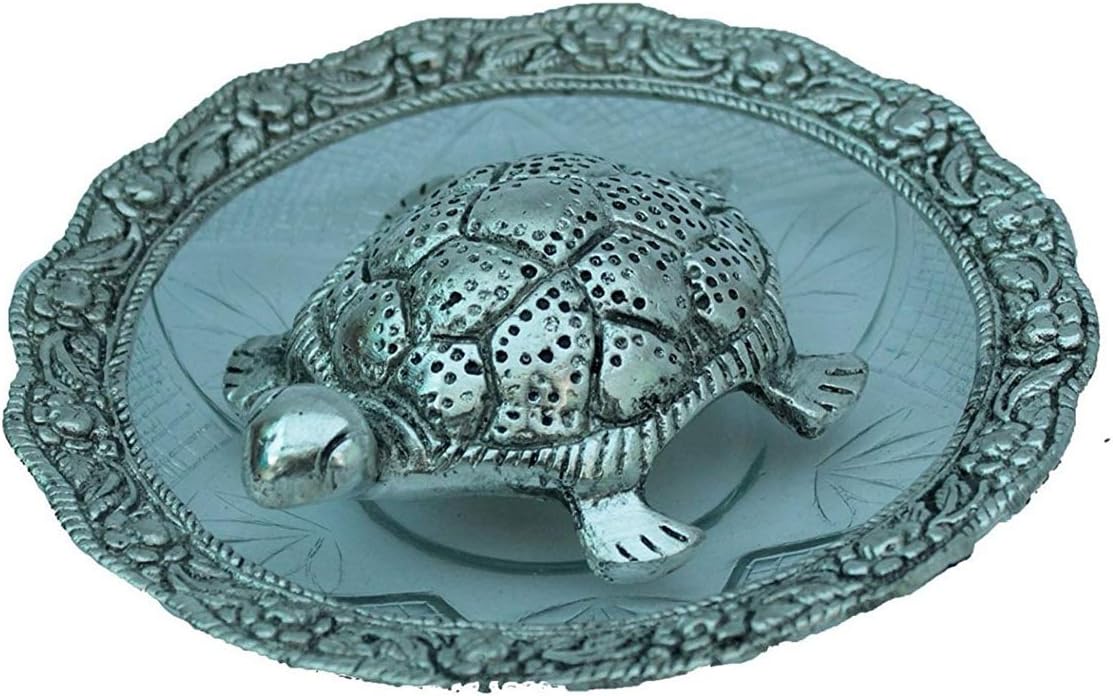 MUDIT CRAFTS Oxidized Silver Plated Fengshui Metal tortoise for Vastu Lucky for Locker for Good - 14 X 14 X 3 Cm, Weight 235 Grams