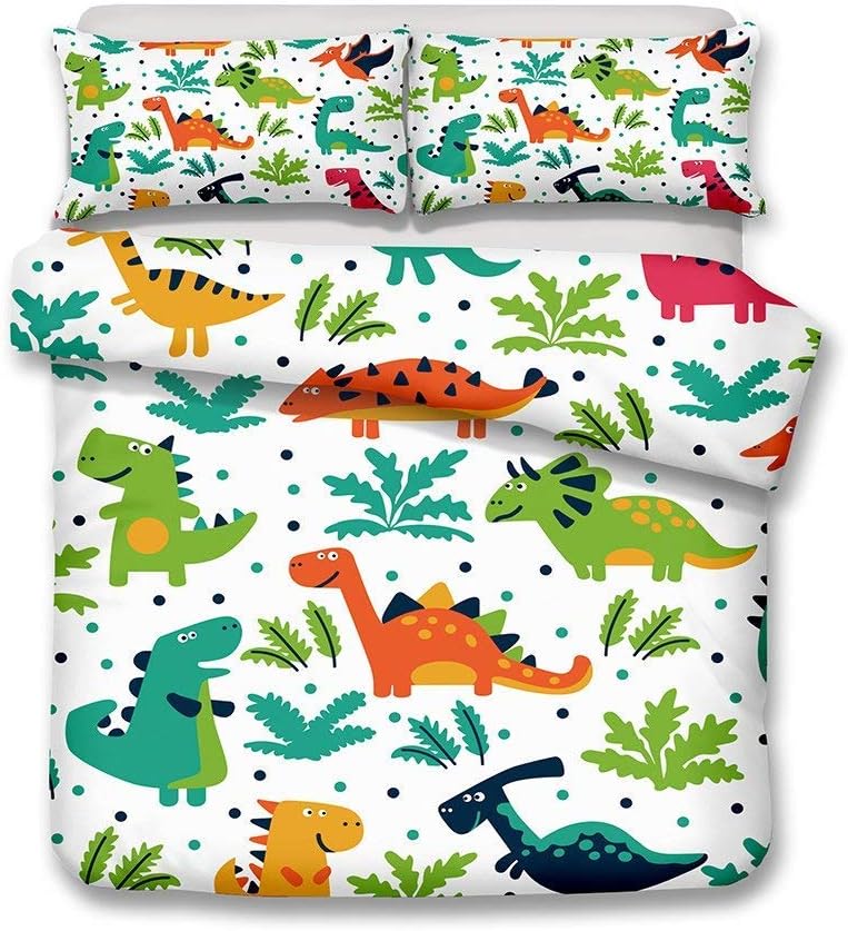 Andrui Bedding Set 3D Dinosaur Print Kids Duvet Cover Set King Size Multi Color Cartoon Children Boys Girls Bedding Cover Sets Zipper Closure