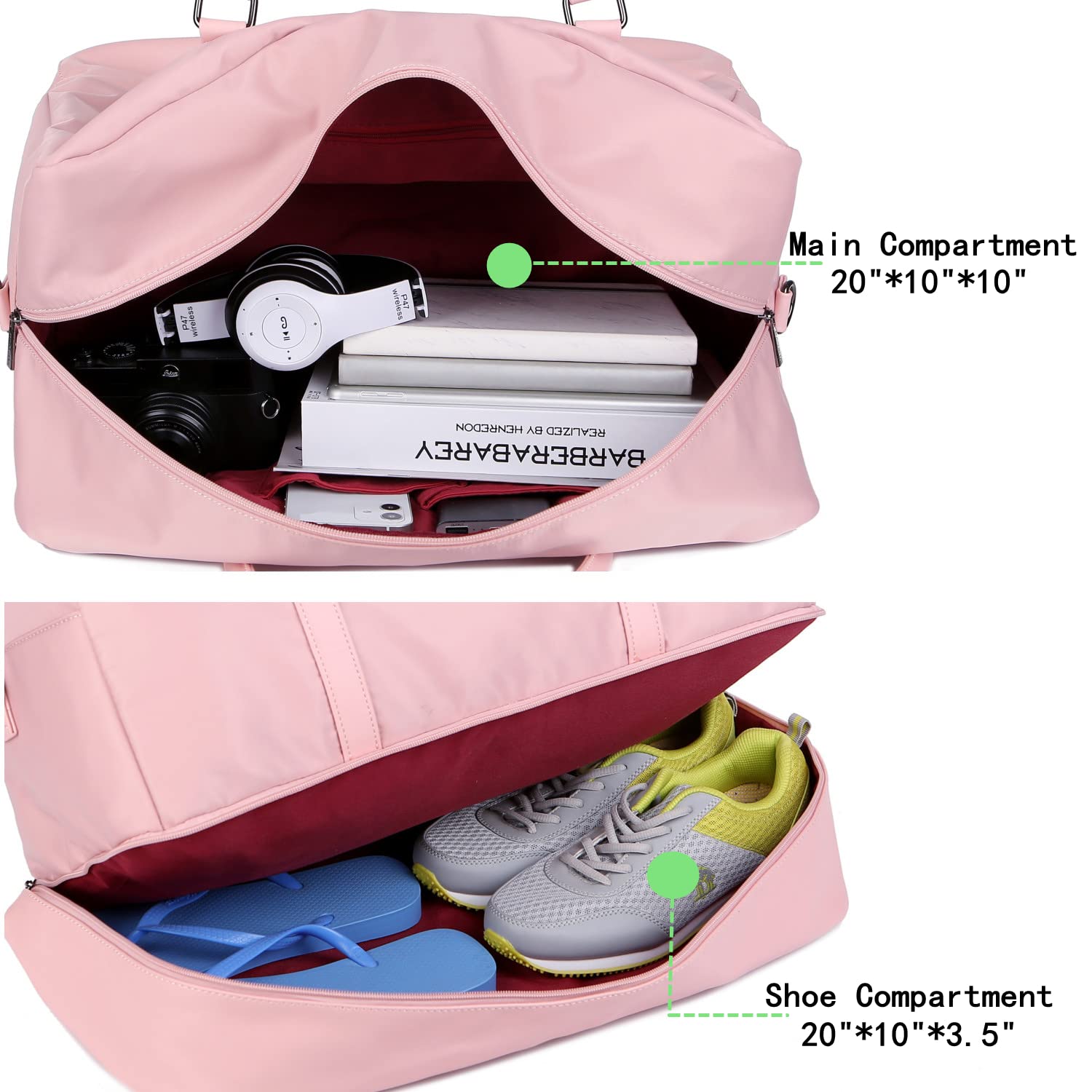 Baosha Women Travel Duffel Bag Weekender Overnight Bag Sports Tote Gym Bag With Shoe Pouch Free Toiletry bag HB-38 (Pink)