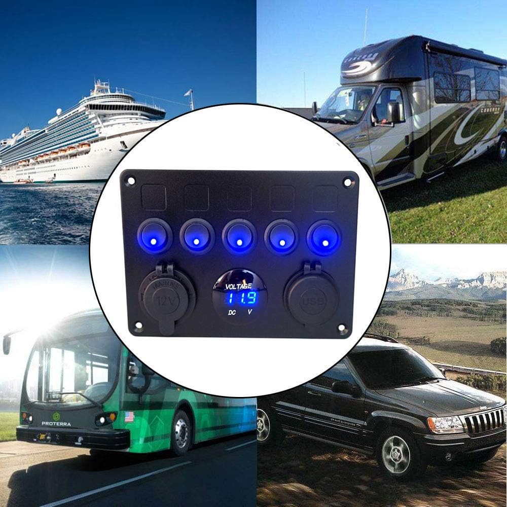 Meipire 5 Gang Switch Panel ON-Off Toggle Switch Panel Dual USB Socket Charger LED Voltmeter 12V Power Outletfor 12V~24V Vehicles Car Boat SUV Truck Yacht RV Camper Construction Vehicle (Blue): Industrial & Scientific