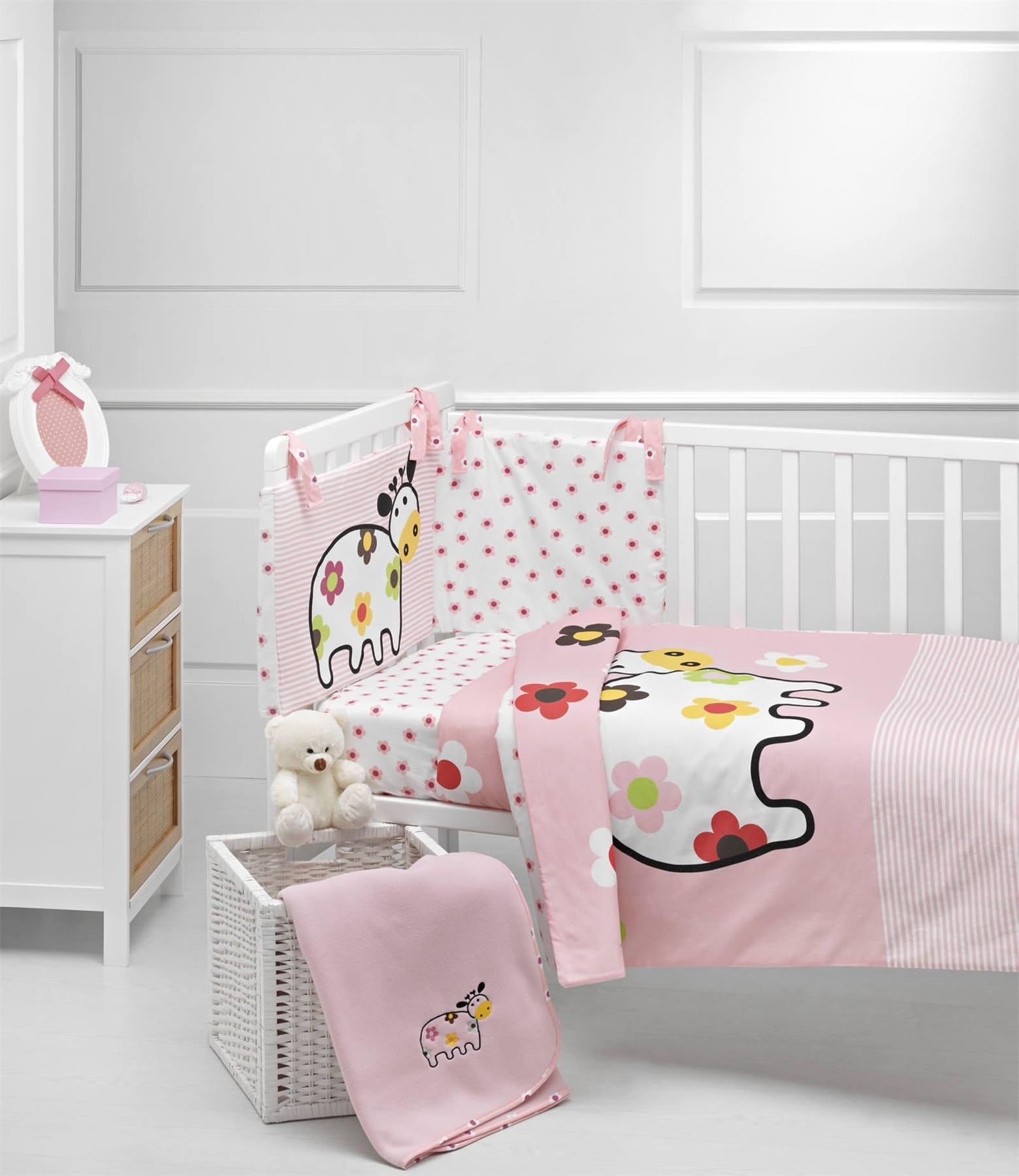 Lullababy Linens® 5 Piece Bumper Cot Bed Baby Bedding Set Pink Cow Design