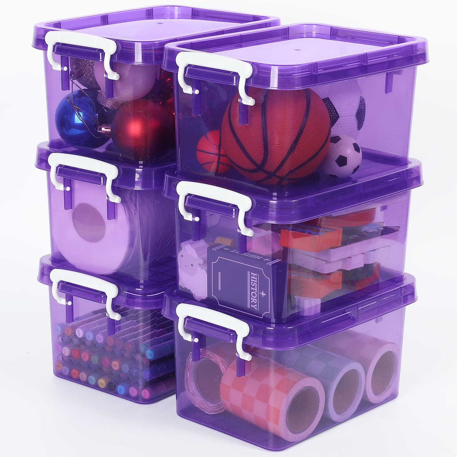 Photo 1 of Bornerwhite 6 Pack Colorful Plastic Storage Bins with Lids 4 Quart Small Storage Boxes with Latching Lids Handle Stackable Clear Colored Storage Organizer Bins for Toy Craft Classroom (Purple)