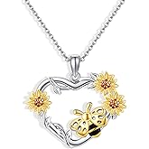 YAFEINI Bee Necklace 925 Sterling Silver Sunflower Bee Pendant Necklace Jewelry Gift For Women