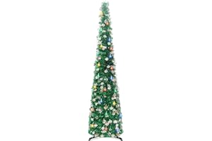 PINKSWAN 5Ft Pop Up Christmas Tree with Lights, Collapsible Pencil Tree Green, Skinny Christmas Tree Slim Xmas Tree, Artificial Tinsel Tree Foldable for Home Apartment Holiday Party Winter Decor