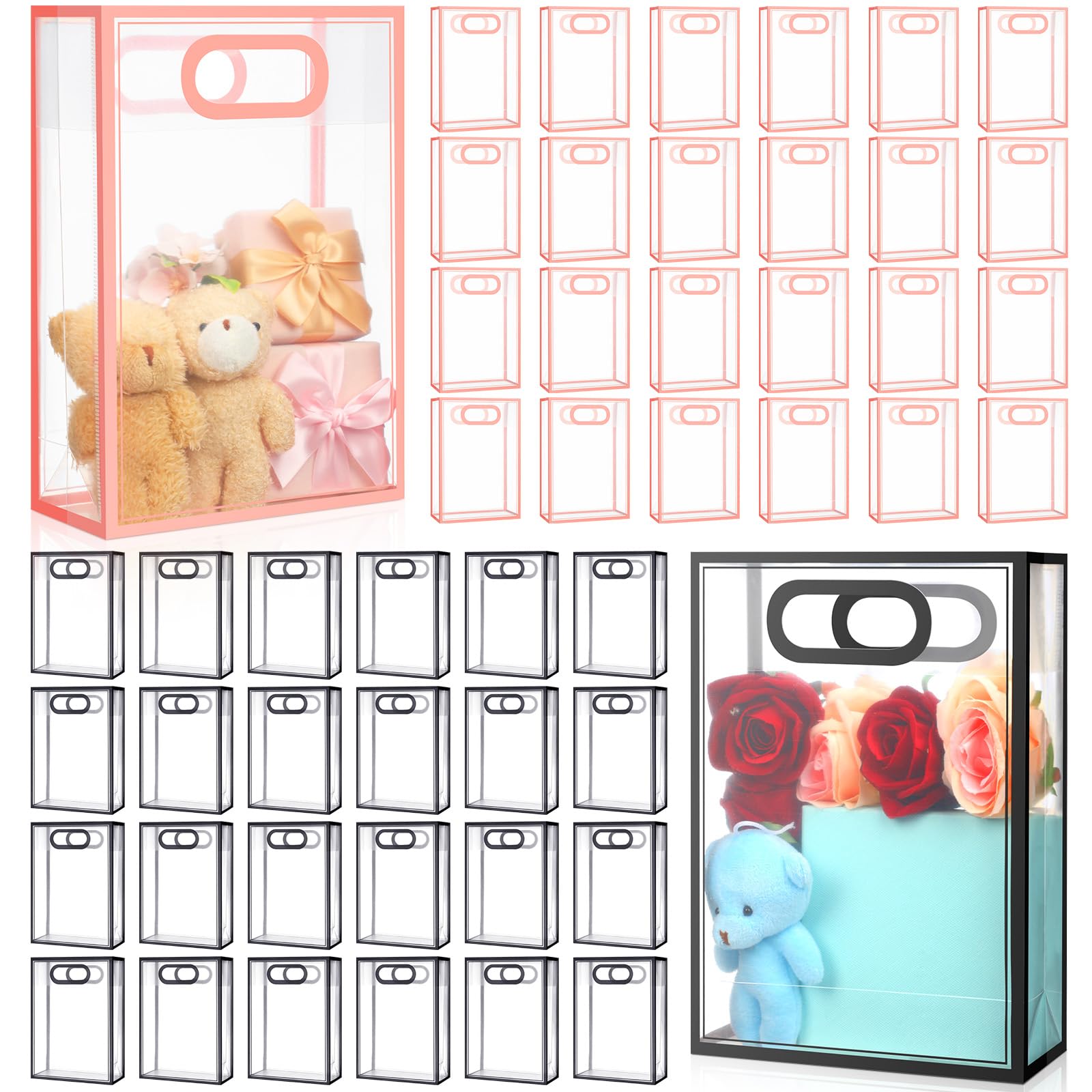 Photo 1 of Dunzoom 50 Pcs Clear Plastic Gift Bag with Handle Reusable Transparent Pink Party Favor Flower Bag for Wedding Bridal Birthday Back to School Gift 10. 2 x 7. 1 x 3. 2''(Black and Pink Trim)