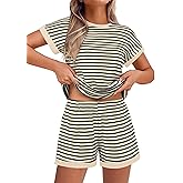 EKOUAER 2 Piece Sets for Women Summer Outfits Cute Stripe Knit T Shirts Shorts Matching Lounge Set