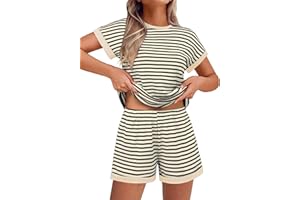 Ekouaer Waffle Knit Lounge Set Women Stripe Pajama Sets Short Sleeve Pj Tops and Shorts Matching loungewear with Pockets