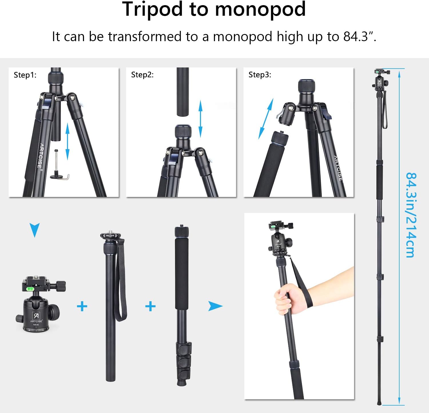 Camera Tripod Monopod 82.6 inch ARTCISE AF30 Professional Aluminum Alloy Ultrahigh Travel Tripod with CNC Ball Head and Center Column for DSLR Camera, Max Load 33.1lbs/15kg - Image 5
