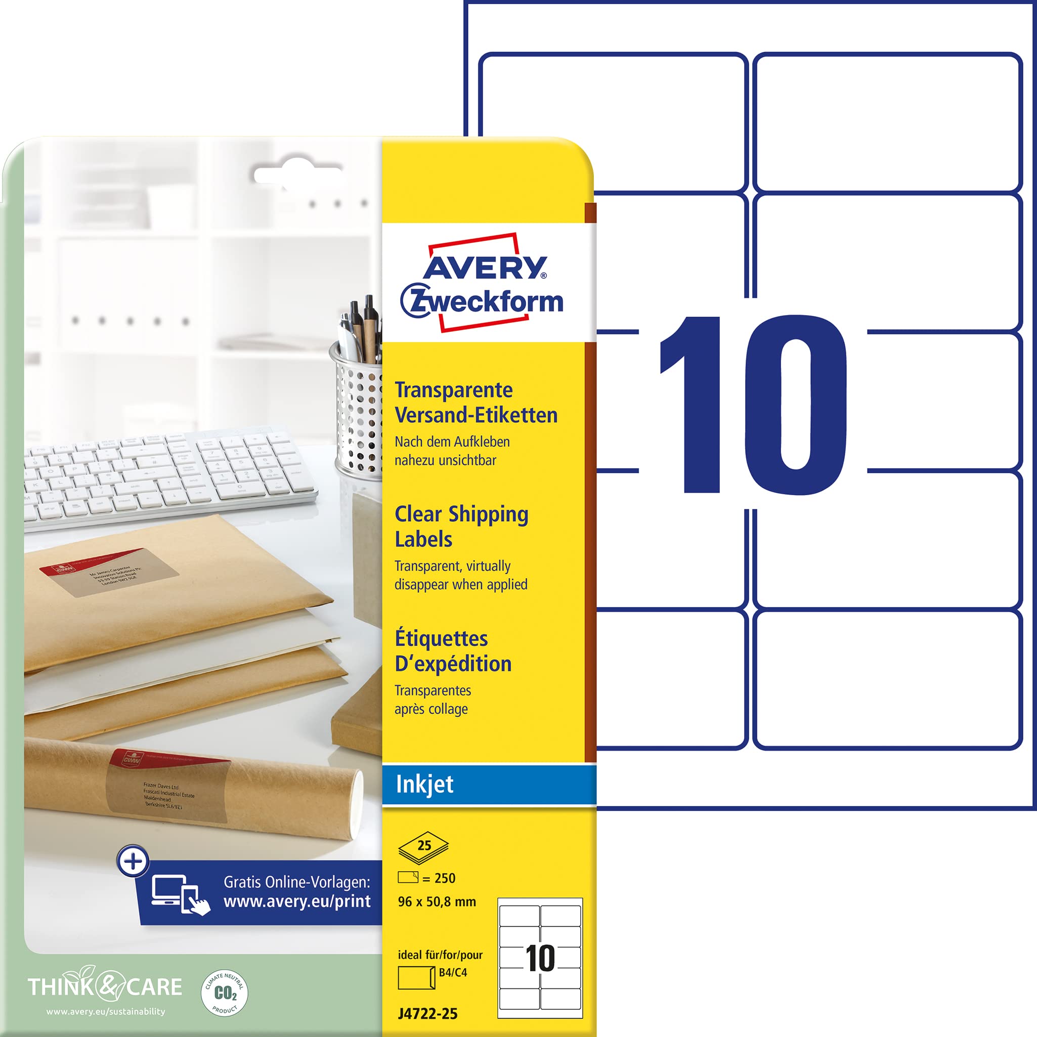 Avery Zweckform J4722-25 Labels, 96 x 50.8 mm, 25 Sheets, 250 Labels, Transparent