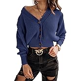 Febriajuce Women's Long Sleeve V-Neck Button Down Rib Knit Cropped Cardigan Sweater