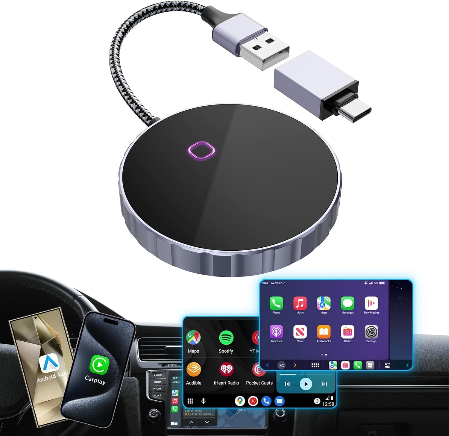 Quanlex 2024 Upgrade Wireless CarPlay Adapter & Android Auto Wireless Adapter,2-in-1 Wired to Wireless CarPlay and Android Auto Dongle for Factory Wired CarPlay Cars,Auto Coennection CarPlay Wireless Adapter