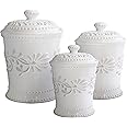 American Atelier Bianca Leaf Canister Set 3-Piece Ceramic Jars in 20oz, 48oz and 80oz Chic Design With Lids for Cookies, Candy, Coffee, Flour, Sugar, Rice, Pasta, Cereal & More