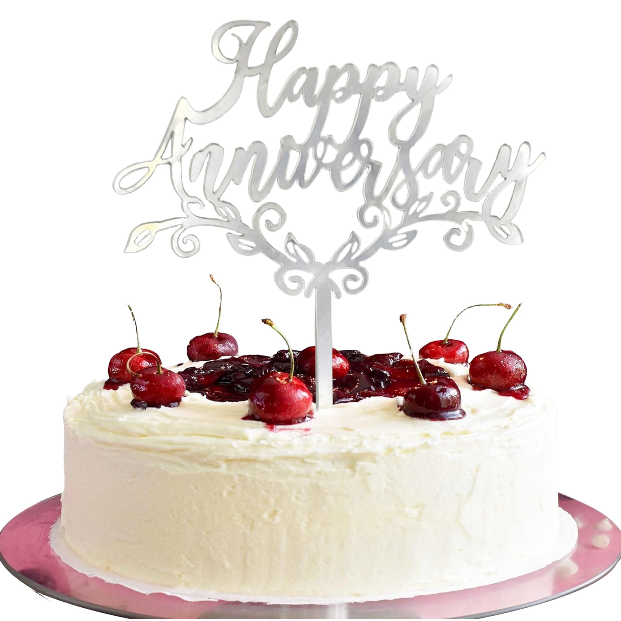 Photo 1 of Silver Acrylic Happy Anniversary Cake Topper - Personalized Wedding, Engagement, Anniversary & Bridal Shower Cake Decoration