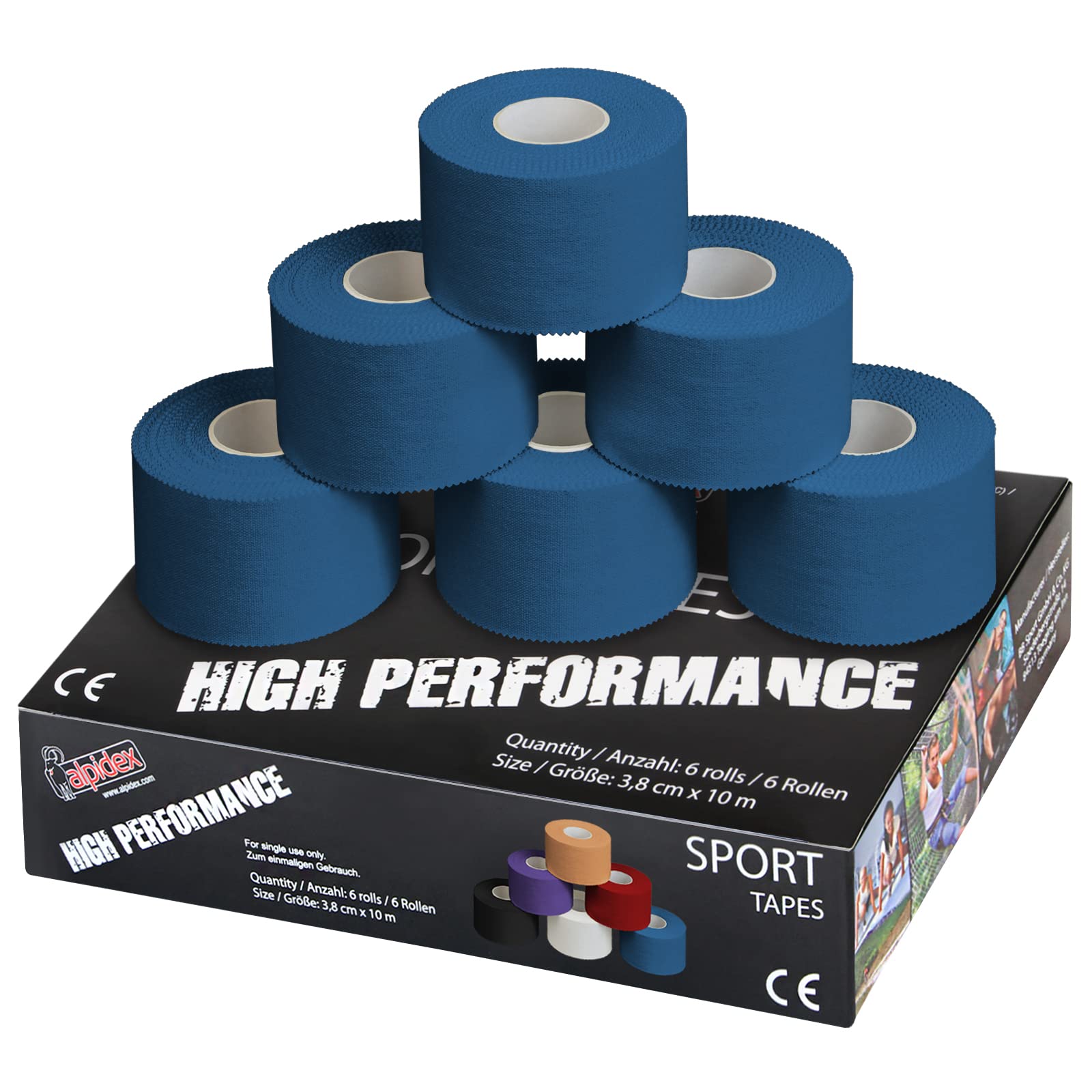 ALPIDEX 6 x Sports Tape 10 m x 3.8 cm Many Colours Zinc Oxide Finger Tape Tearable Skinfriendly Handball Football Volleyball Rugby, Colour:blue