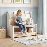Costzon Kids Bookshelf with Bench, Toddler Toy Storage Organizer w/Bookshelf &amp; 2 Cubbies, Removable Seat Cushion &amp; Protective Baffle, Kids Bench for Playroom, Bedroom, Nursery