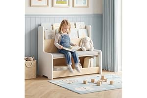 Costzon Kids Reading Nook with Bench, Toddler Toy Storage Organizer w/Bookshelf & 2 Cubbies, Removable Padded Seat Cushion, P
