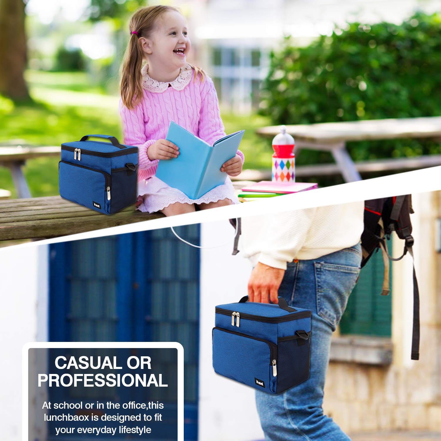 Insulated Cooler Lunch Bag Leak Proof Reusable - Office Work Picnic Hiking Beach Lunch Box Organizer with Adjustable Shoulder Strap for Men Women VP036-Blue