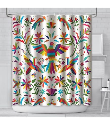 Duschvorhang Im Mexikanischen Otomi-Stil – Blumenmuster, 175 X 178 Cm, Wasserdicht, Mit 12 Haken
