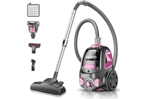 PKUYIE Canister Vacuum Cleaner, 40Kpa 1600W Cyclon Power Bagless Canister Vacuum Cleaners for Home, 3.7QT Large Dust Cup, Lightweight Vac for Hard Floors, Carpets, Pet Hair, Pink