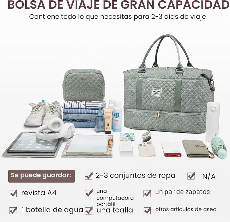 Bolsa de Viaje Mujer Bolsa Deporte Mujer Grande Maletas de Cabina Avion Travel Duffle Bag Bolso Maternidad Hospital Equipaje de Mano con Neceser Organizador para Viaje Gym Playa Sauna