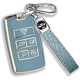 QBUC for Land Rover Key Fob Cover with KeyChain Soft TPU Gold Trim Key Case Full Protection Compatible with 2018-2026 Land Rover Range Rover Evoque Sport Vogue Discovery 5 Jaguar E I-PACE (Blue)