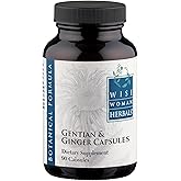 Wise Woman Herbals Gentian & Ginger Capsules, Pure Non-GMO, Herbal Digestive Bitters, Relieves Indigestion, Bloating, Gas & Upset Stomach, Supports Appetite, Gut & Liver Health, 90 Veg Caps