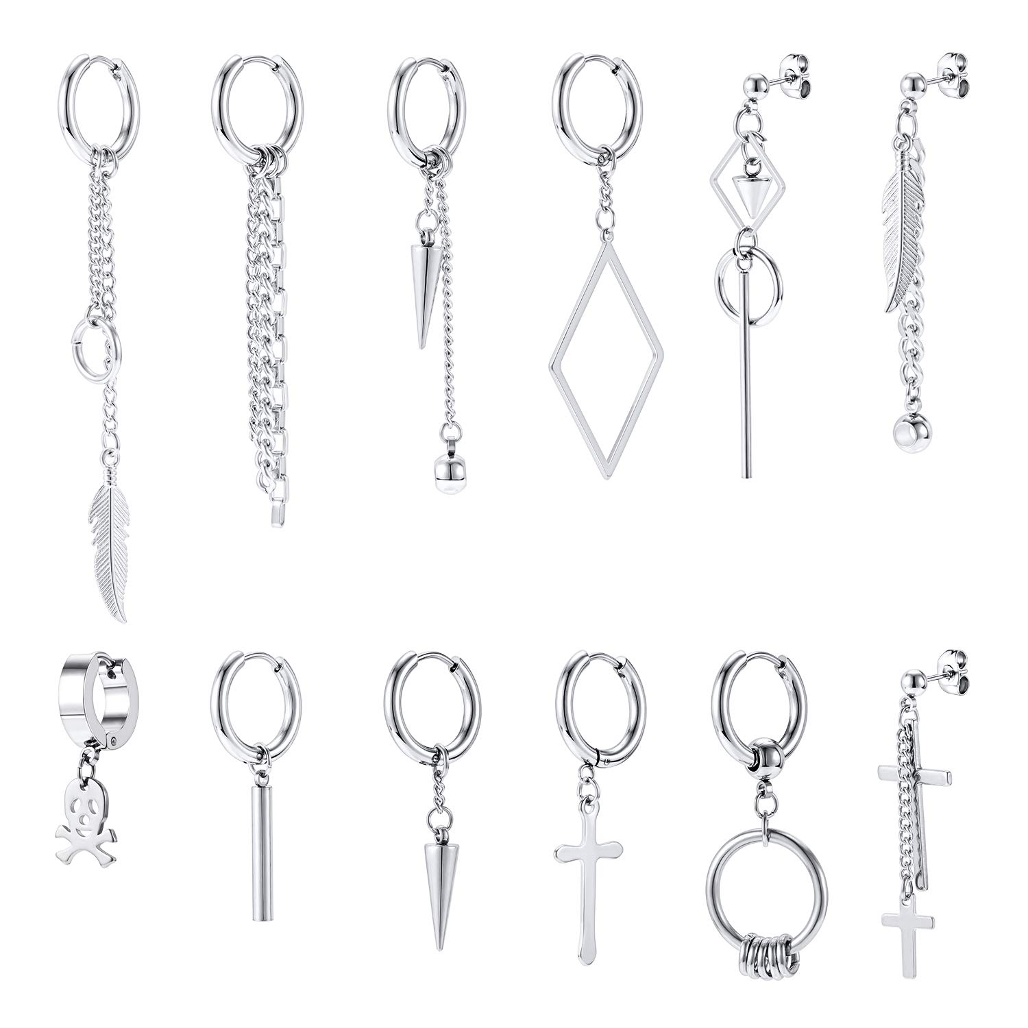 12 Pcs Dangle Cross Earrings for Men Surgical Steel Earrings Sets Dangling Chain Hypoallergenic Earrings Hoops