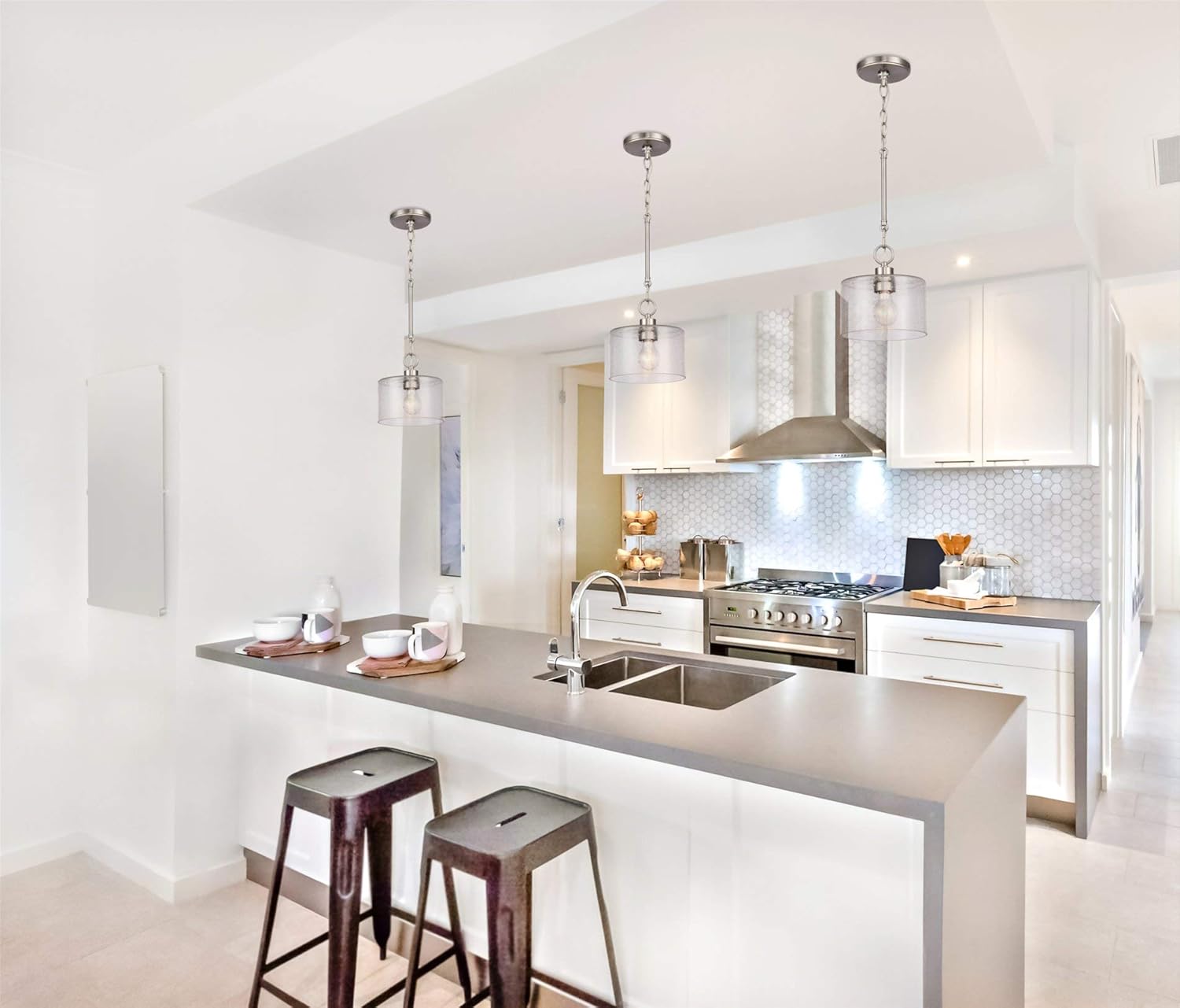 Kira Home Avalon 7.5" Modern Pendant Light + Seeded Glass Shade, Adjustable Height, Brushed Nickel Finish - - 